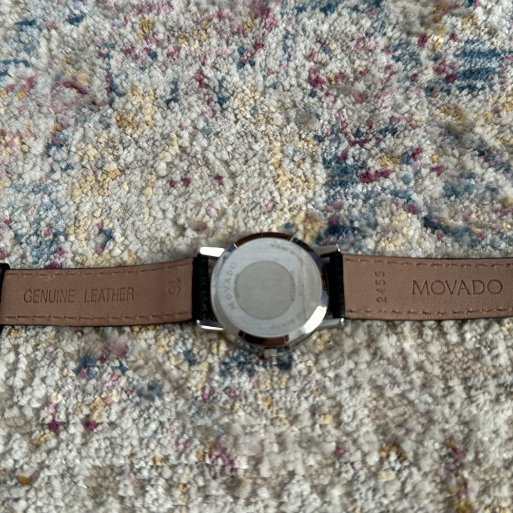 Movado Museum collection women’s silver watch with black leather band. - Picture 8 of 11